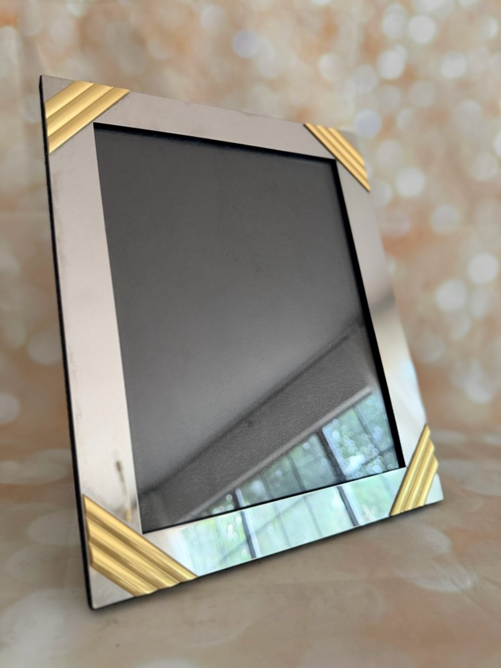 Art Deco Mirrored Picture Frame with Gold Corner Accents